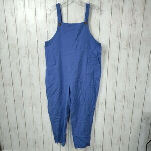Women's Blue Cotton Linen Blend Sleeveless Pocket Overalls Size XL